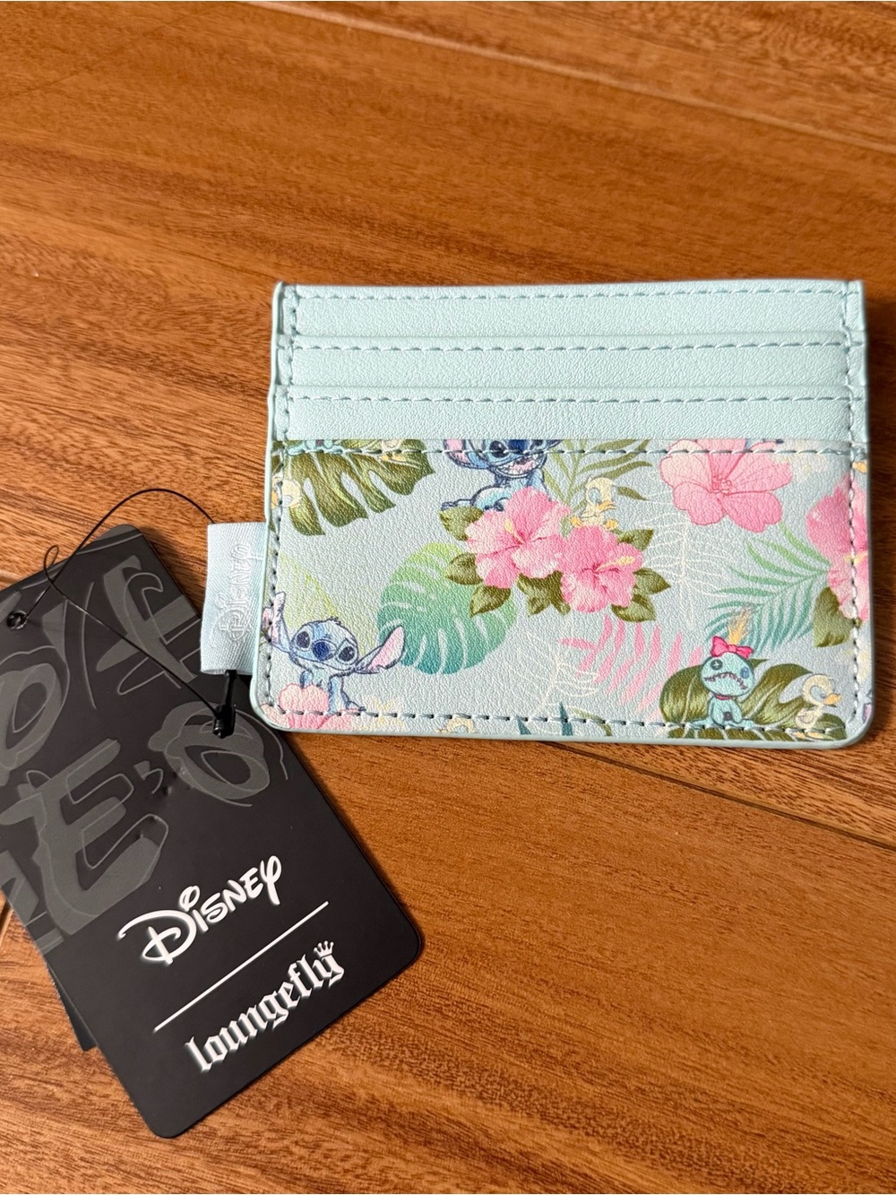 Loungefly Mint Floral Stitch Cardholder with Pink Hibiscus